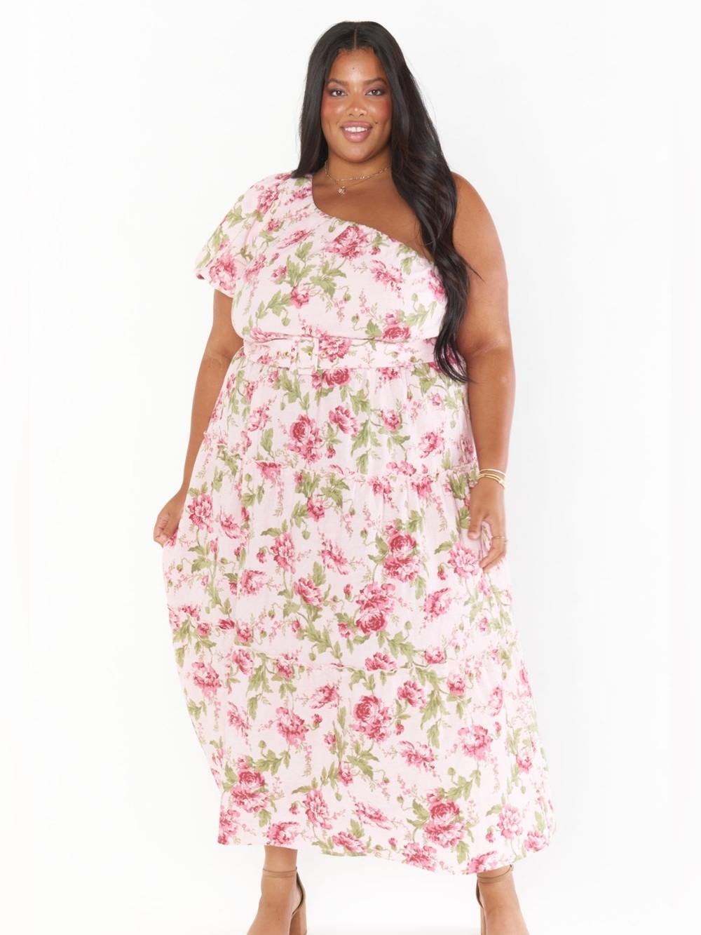 Show Me Your Mumu Pink Floral One Shoulder Midi Dress - Size 3X